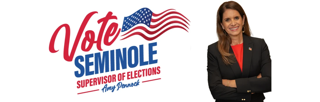 Vote Seminole office logo and portrait of Supervisor Amy Pennock